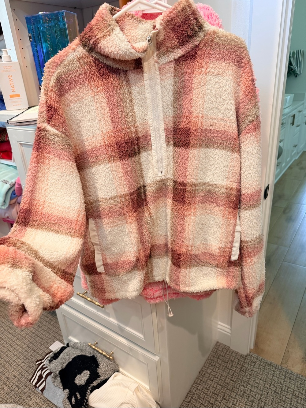 No Boundaries Pink and Cream Plaid Sherpa Half-Zip Jacket
